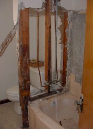 Rotted wall caused by leaky shower head.  Click for larger picture.